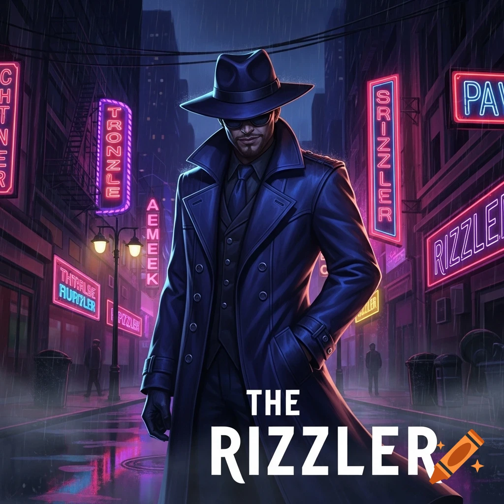 A stylized illustration of a man in a trench coat and fedora standing in a rainy, neon-lit city street, with 'THE RIZZLER' text.