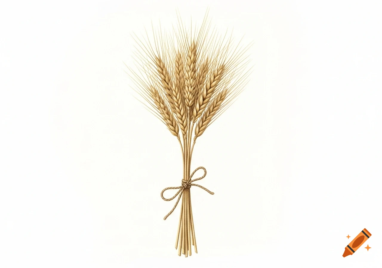 A simple pencil drawing of a small bundle of golden wheat stalks bound with twine against a white background.