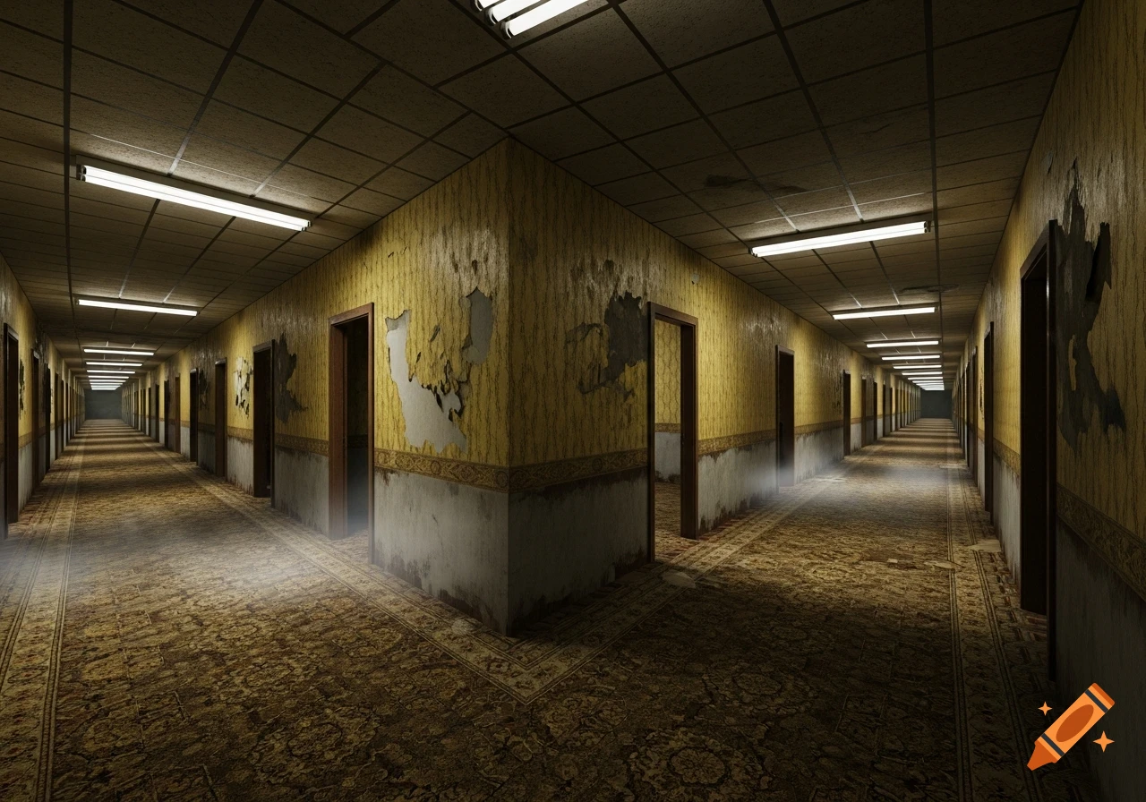 A long, eerie, dilapidated hallway with peeling yellow wallpaper, patterned carpet, and fluorescent lights extending into the dark distance.