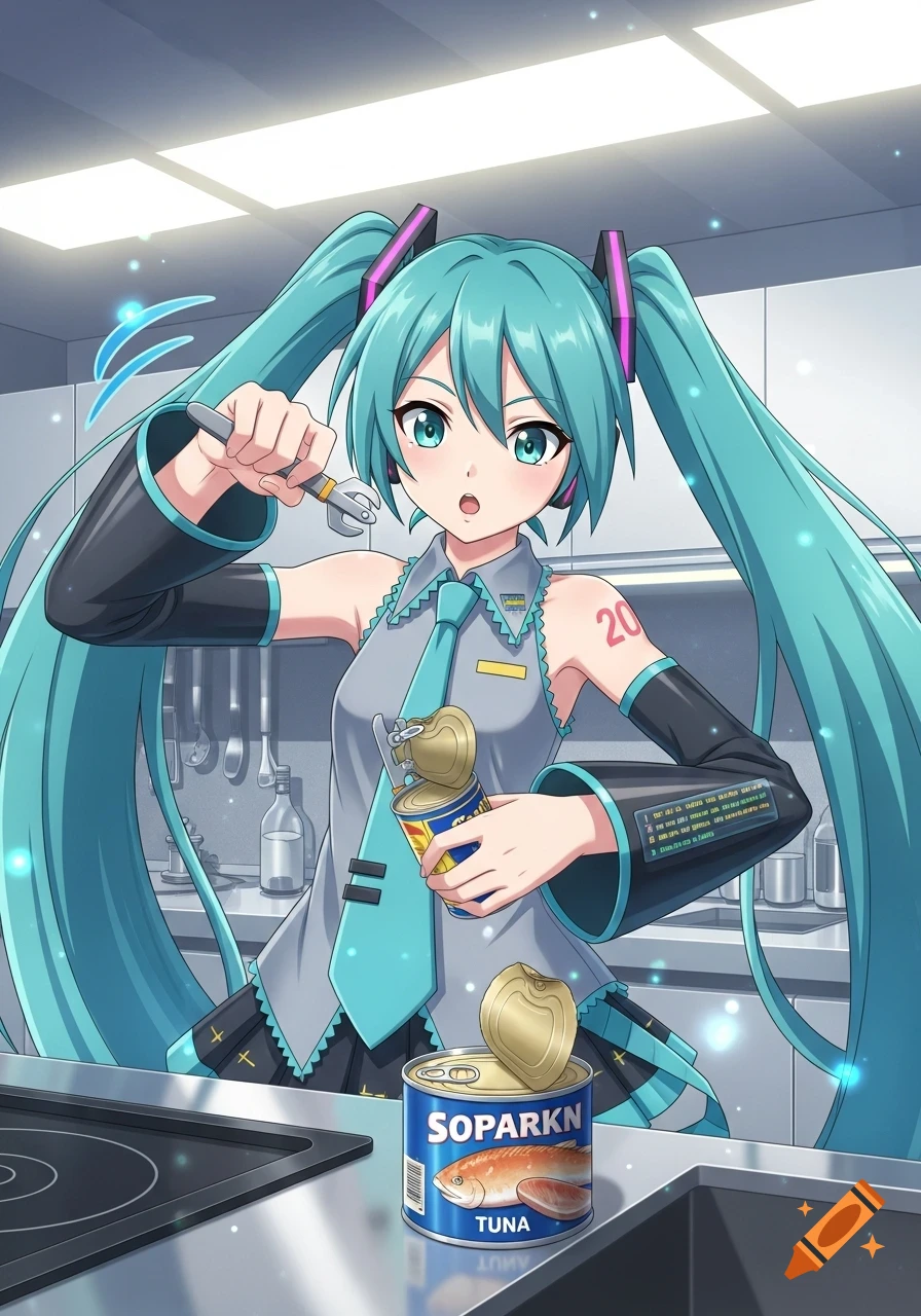 Hatsune Miku in an anime style, standing in a kitchen and using a can opener to open a can of tuna.