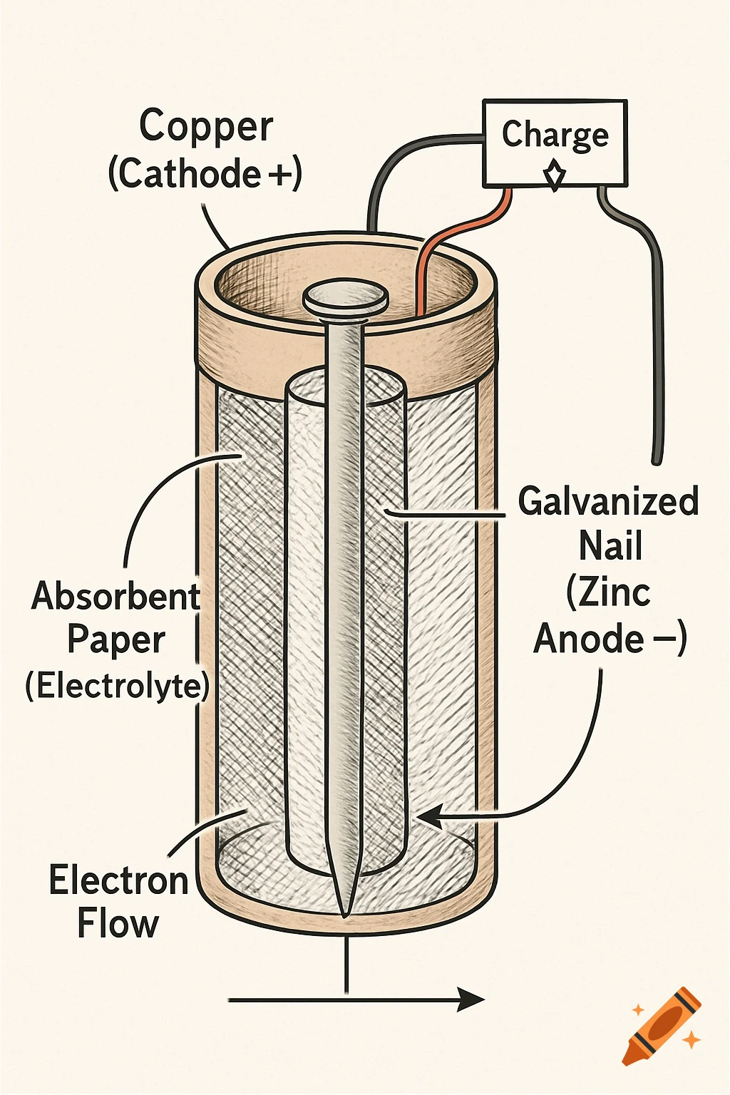 Diagram of a simplified copper-zinc battery showing copper cathode, galvanized nail anode, absorbent paper electrolyte, and electron flow.