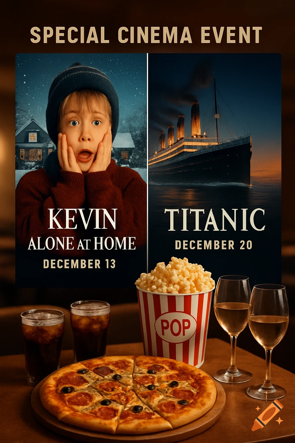 A cinema event poster advertising 'Kevin Alone at Home' on December 13 and 'Titanic' on December 20, displayed with pizza, popcorn, soda, and wine on a table.