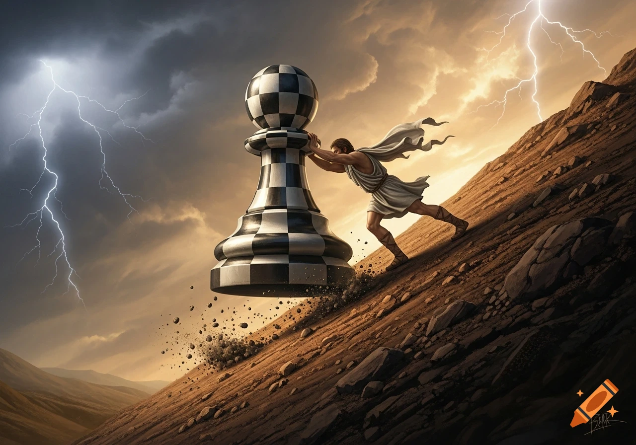 Sisyphus, wearing a toga, pushes a giant checkered chess pawn up a steep, rocky hill under a dramatic, lightning-filled sky.