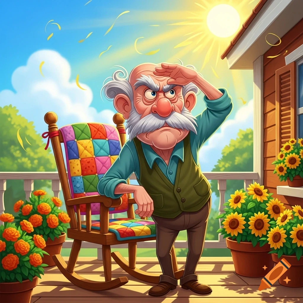 Cartoon grumpy old grandpa shielding his eyes from the bright sun on a sunny porch with flowers and a colorful rocking chair.