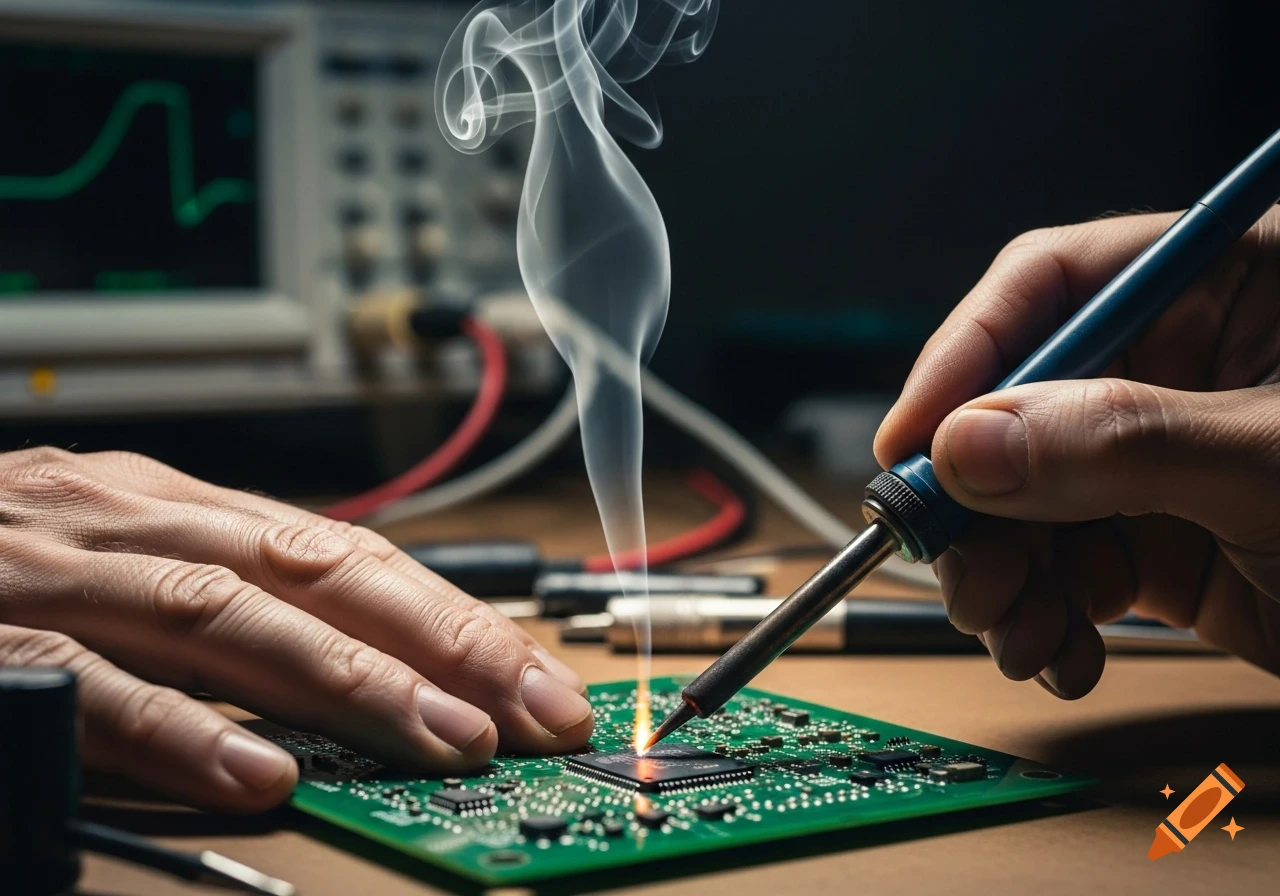 Close-up of hands soldering a green circuit board with a glowing iron and smoke, set on a blurred electronics workbench.