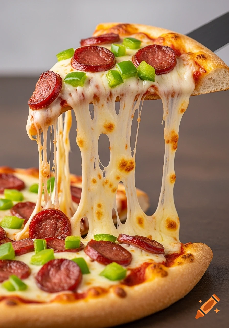A photorealistic close-up of a pizza slice being lifted, with melted cheese stretching, pepperoni, and green bell peppers.