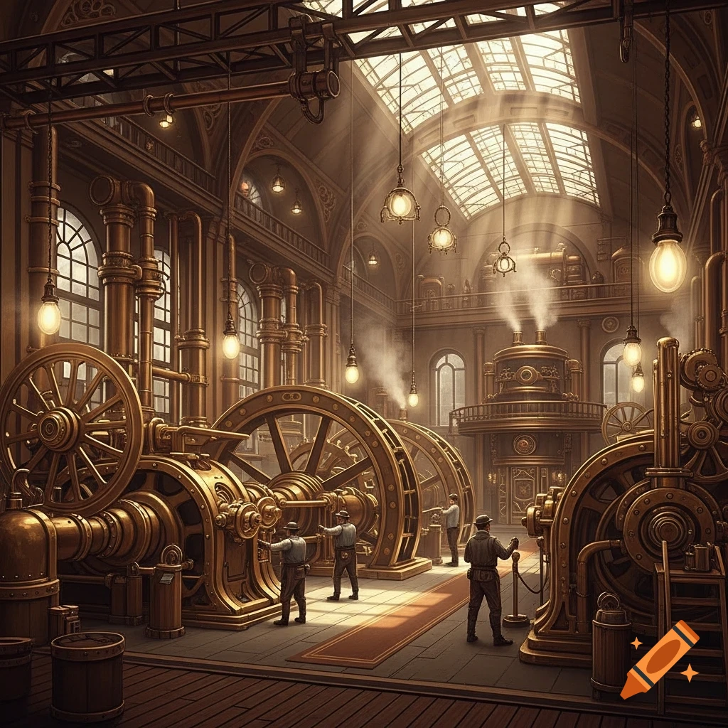 A grand steampunk factory hall with intricate golden machines, pipes, and gears. Workers tend to the machinery under a high, skylit ceiling.