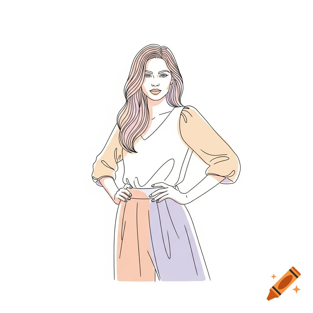 Minimalist line art of a confident woman with flowing hair and soft peach and lavender pastel accents.
