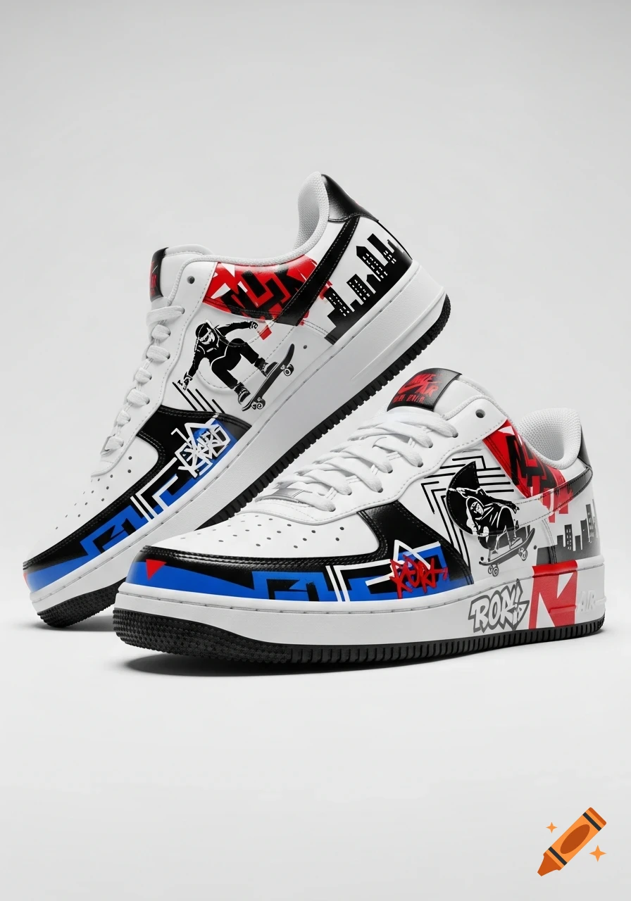 Two white Nike Air Force 1 sneakers with black, red, and blue graffiti-style designs, including a skateboarder silhouette and cityscape elements.