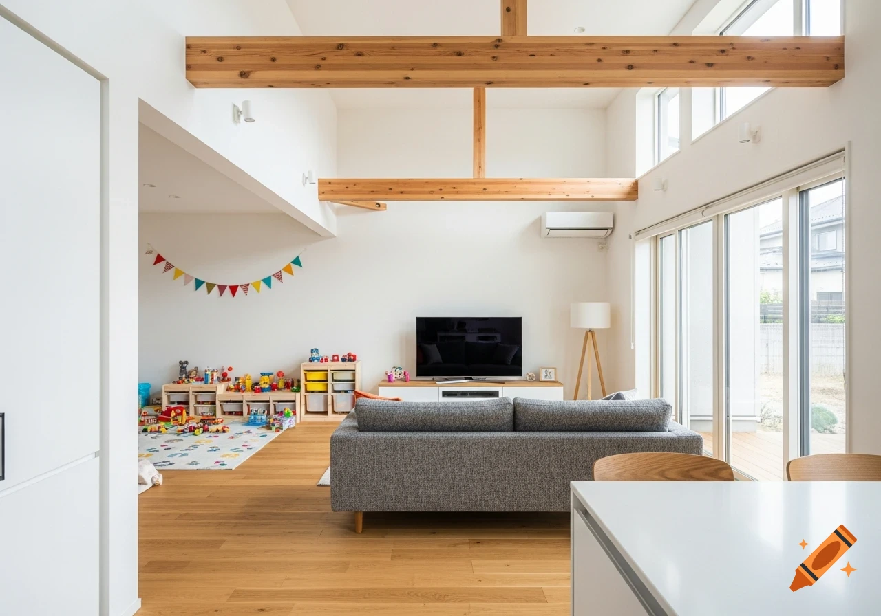 A bright, modern Scandinavian living room with exposed wooden beams, a gray sofa, TV, and a colorful children's play area with toys on a rug.