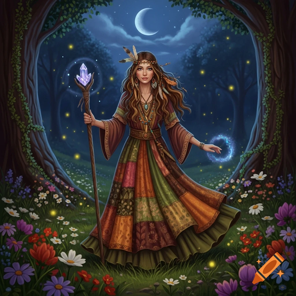 A bohemian witch with long brown hair, wearing a patchwork dress and feathers, holds a glowing crystal staff in a magical forest at night under a crescent moon.