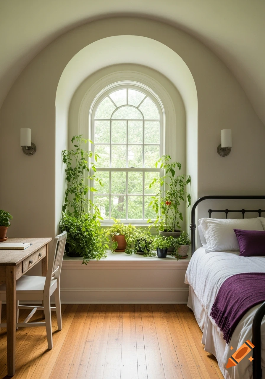 A cozy bedroom featuring a tall arched window filled with potted plants, a light wooden desk, and an iron-framed bed with white linens and a plum throw.