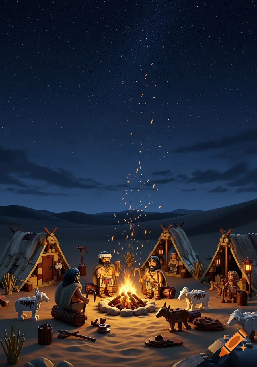 Lego-style scene of shepherds and animals by a campfire in a desert at night, with tents under a starry sky.