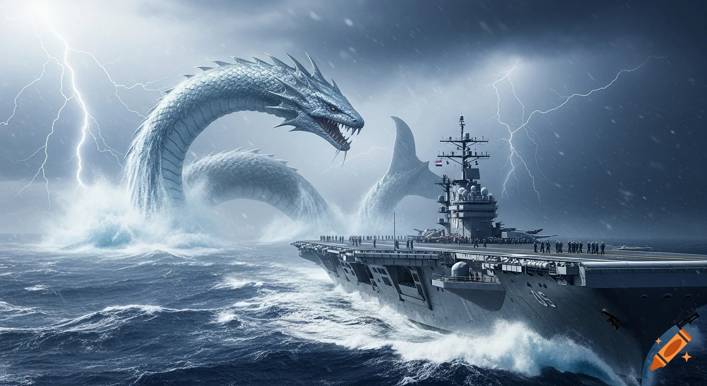 A giant, scaly sea serpent emerges from a stormy ocean next to an aircraft carrier under a lightning-filled sky. Photorealistic.