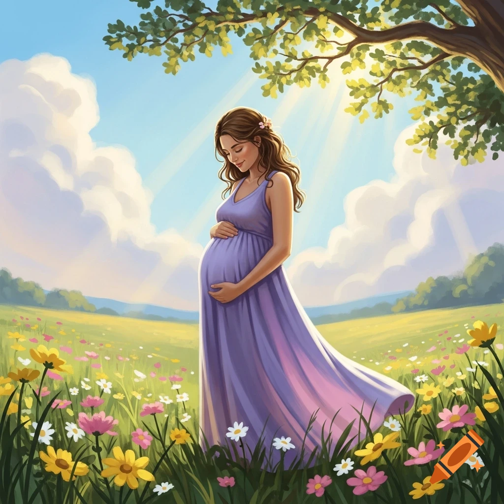 A serene pregnant woman in a purple dress gently holds her belly while standing in a vibrant wildflower field under a tree, with sun rays.