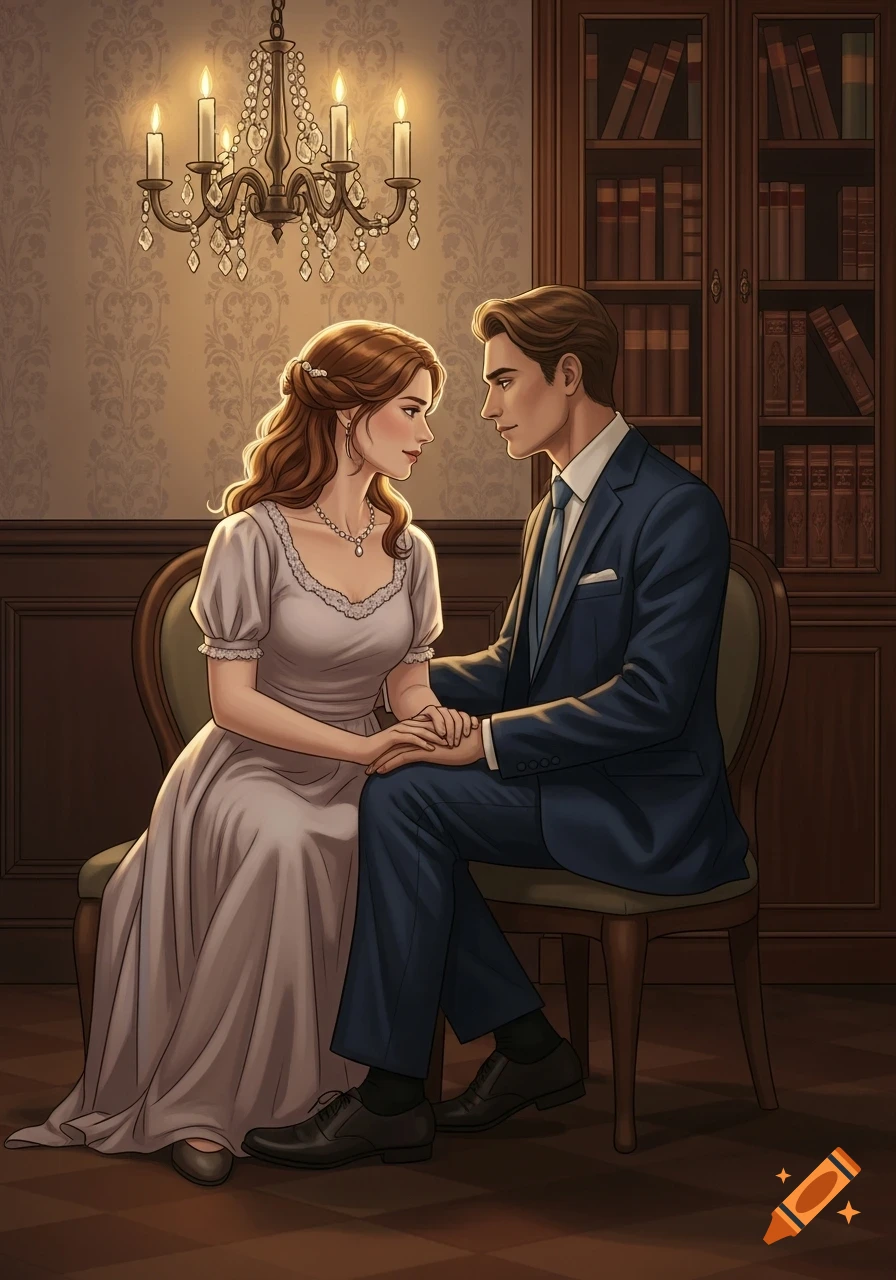 An illustrated couple, dressed in period attire, sitting in an elegant room, holding hands and looking at each other.