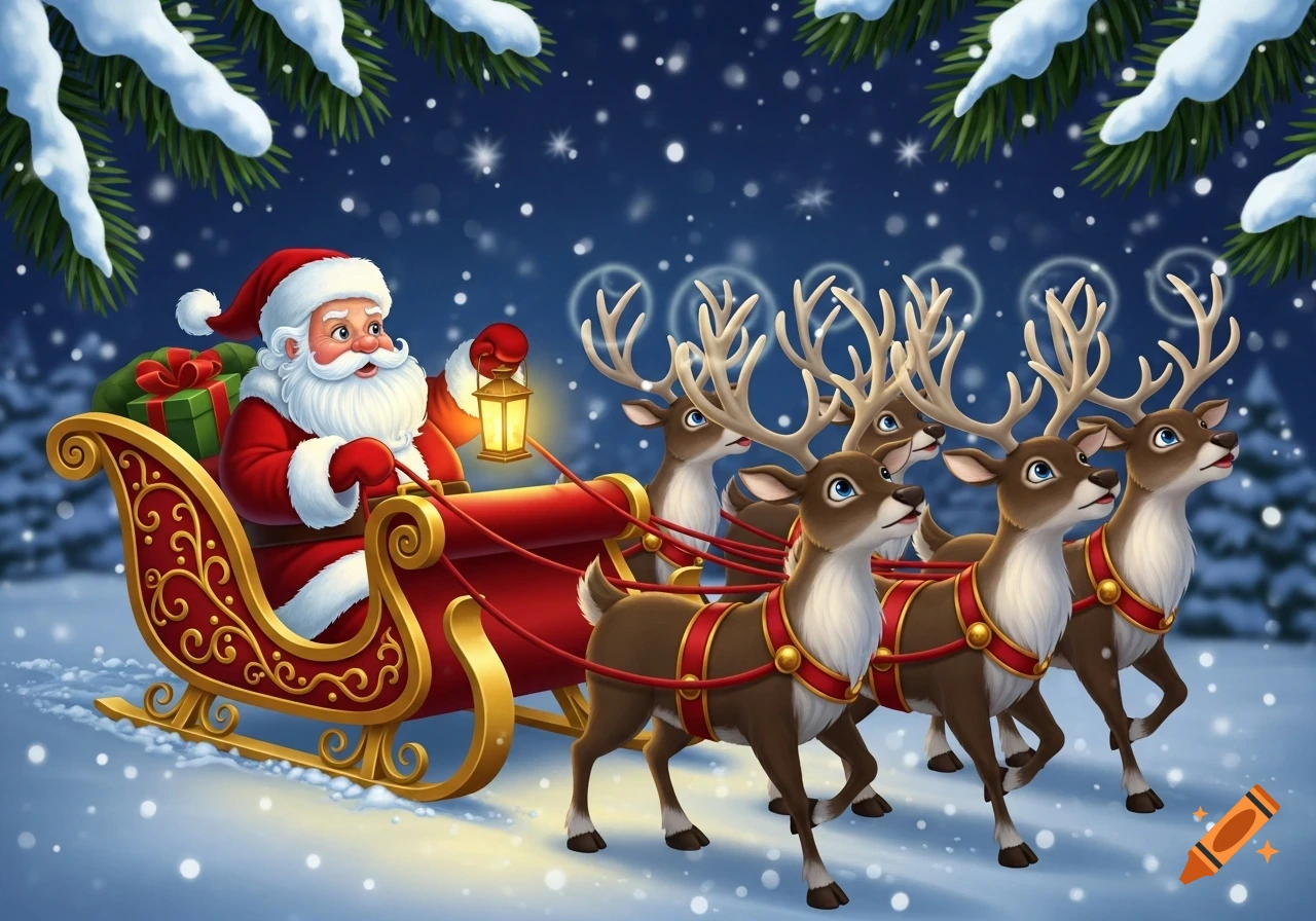 Santa Claus in a red sleigh with a team of reindeer flying through a ...