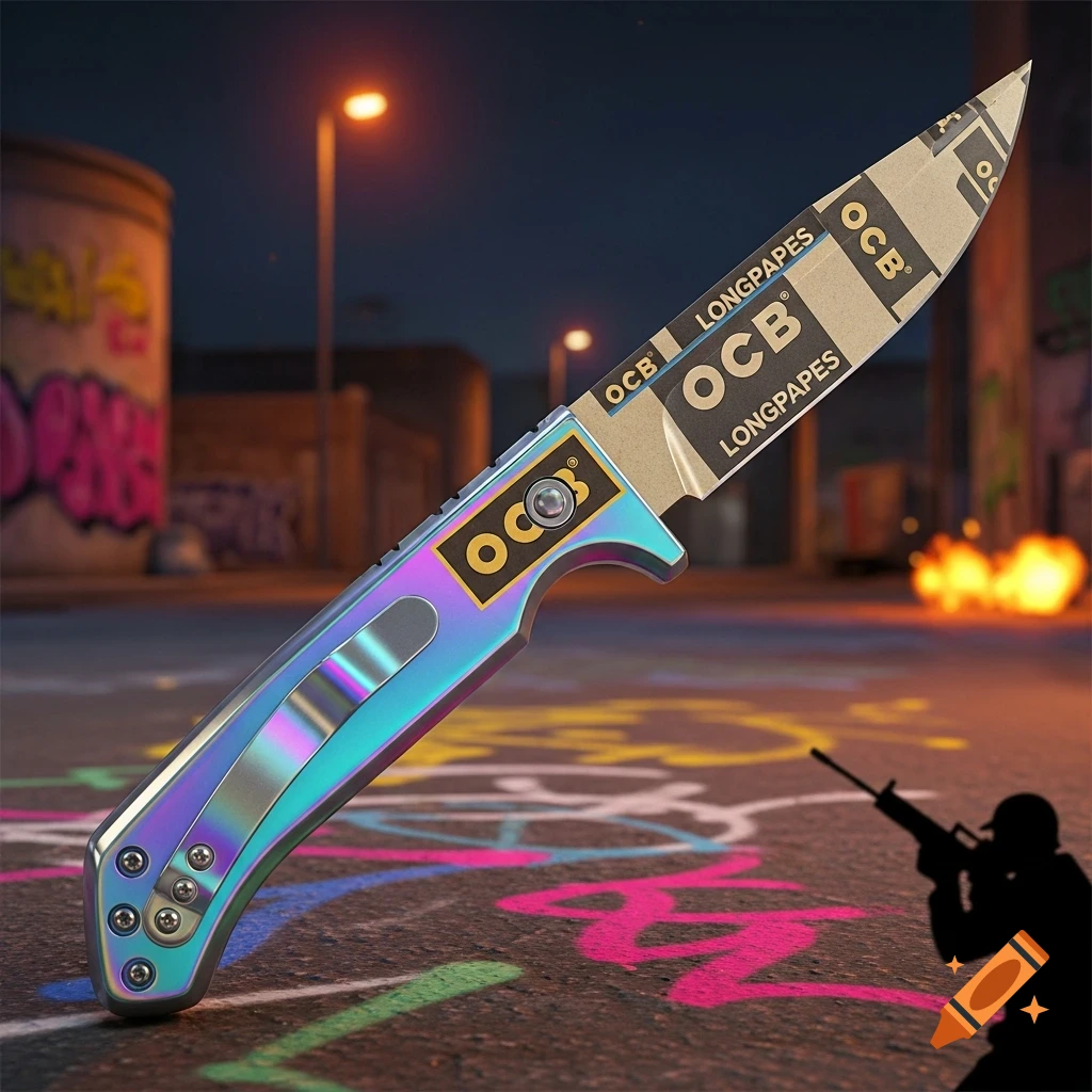 A stylized iridescent folding knife with an 'OCB Longpapes' blade on a graffiti-covered street at night, with a silhouetted shooter.