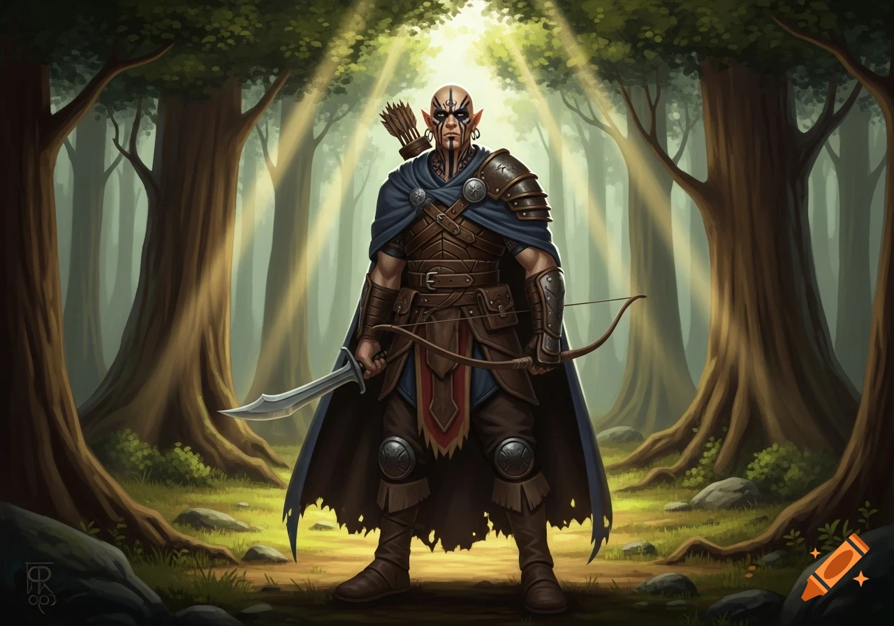 A bald, tattooed half-orc warrior in leather armor and a blue cape, holding a sword and bow, stands in a sunlit forest.