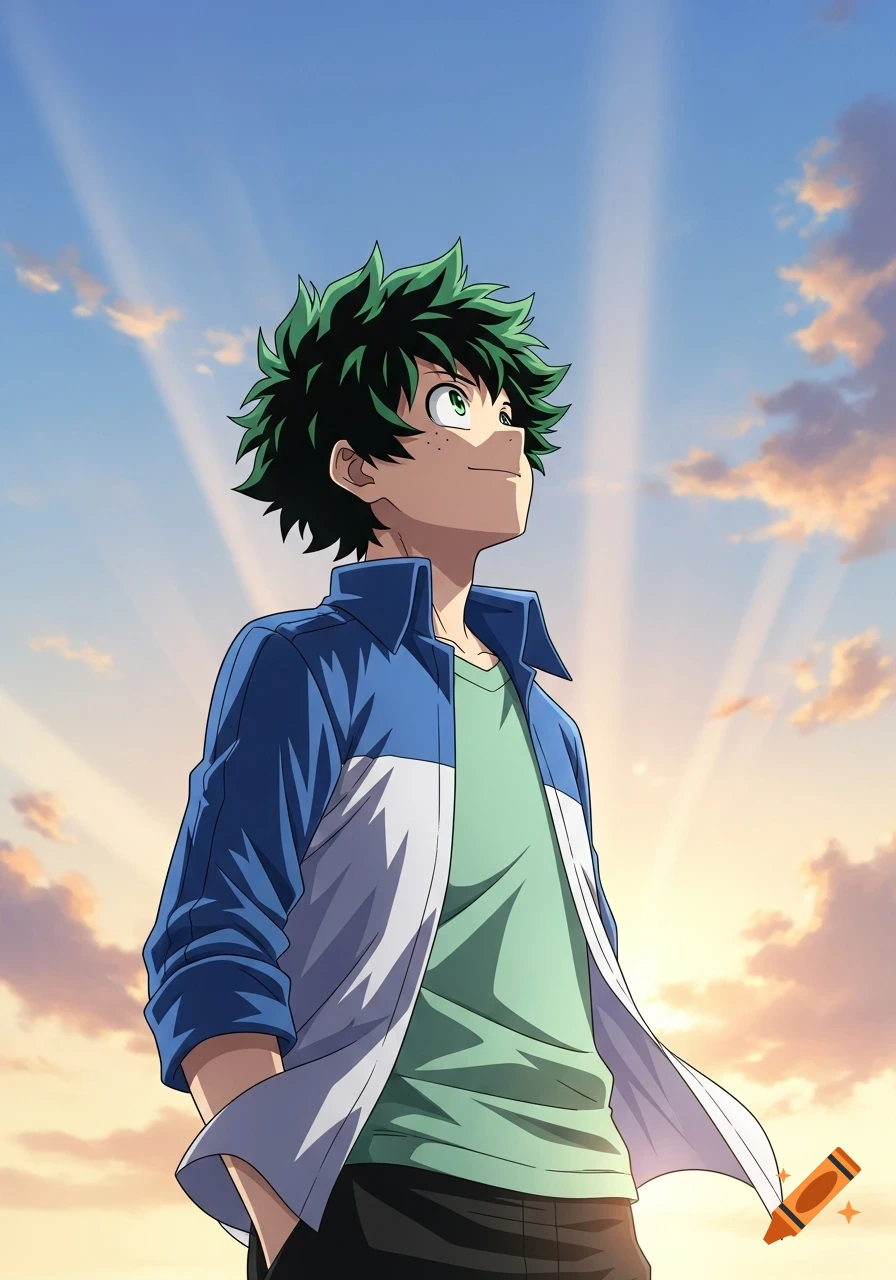 Anime style illustration of Izuku Midoriya smiling and looking up at a bright sky with sunbeams.