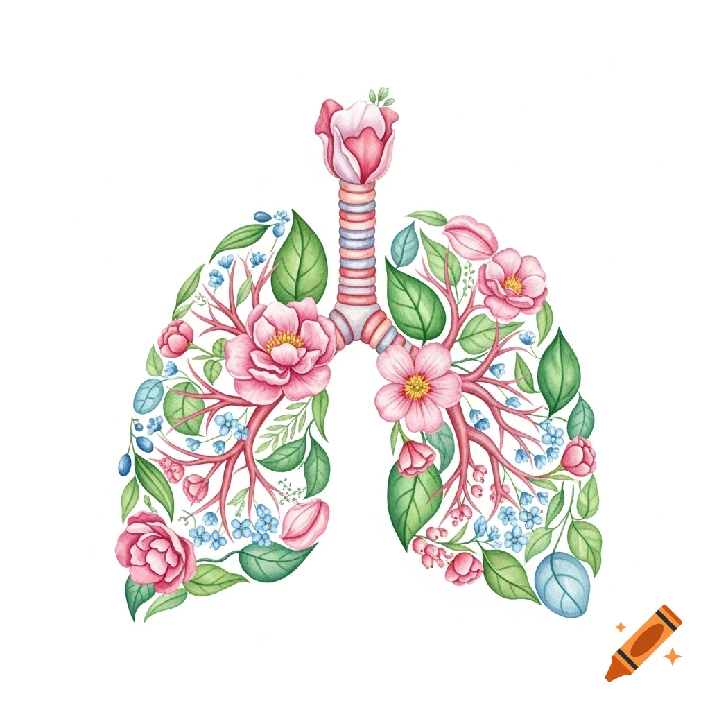Watercolor illustration of human lungs composed of pink flowers, green leaves, and delicate branches on a white background.