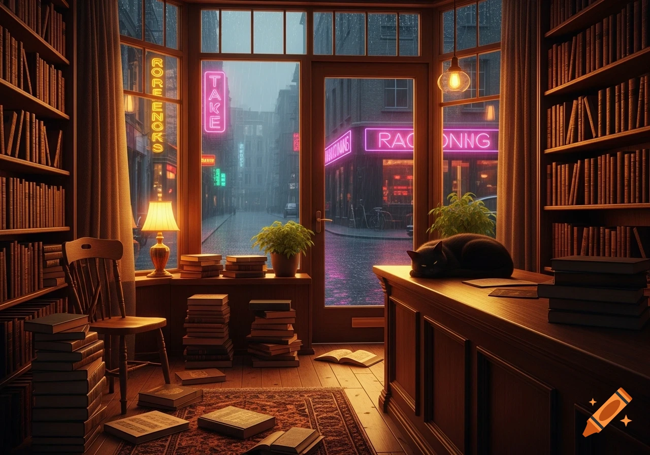 Cozy bookstore interior on a rainy evening with warm light, stacks of books, a black cat sleeping on the counter, and neon signs reflected on the wet street outside.