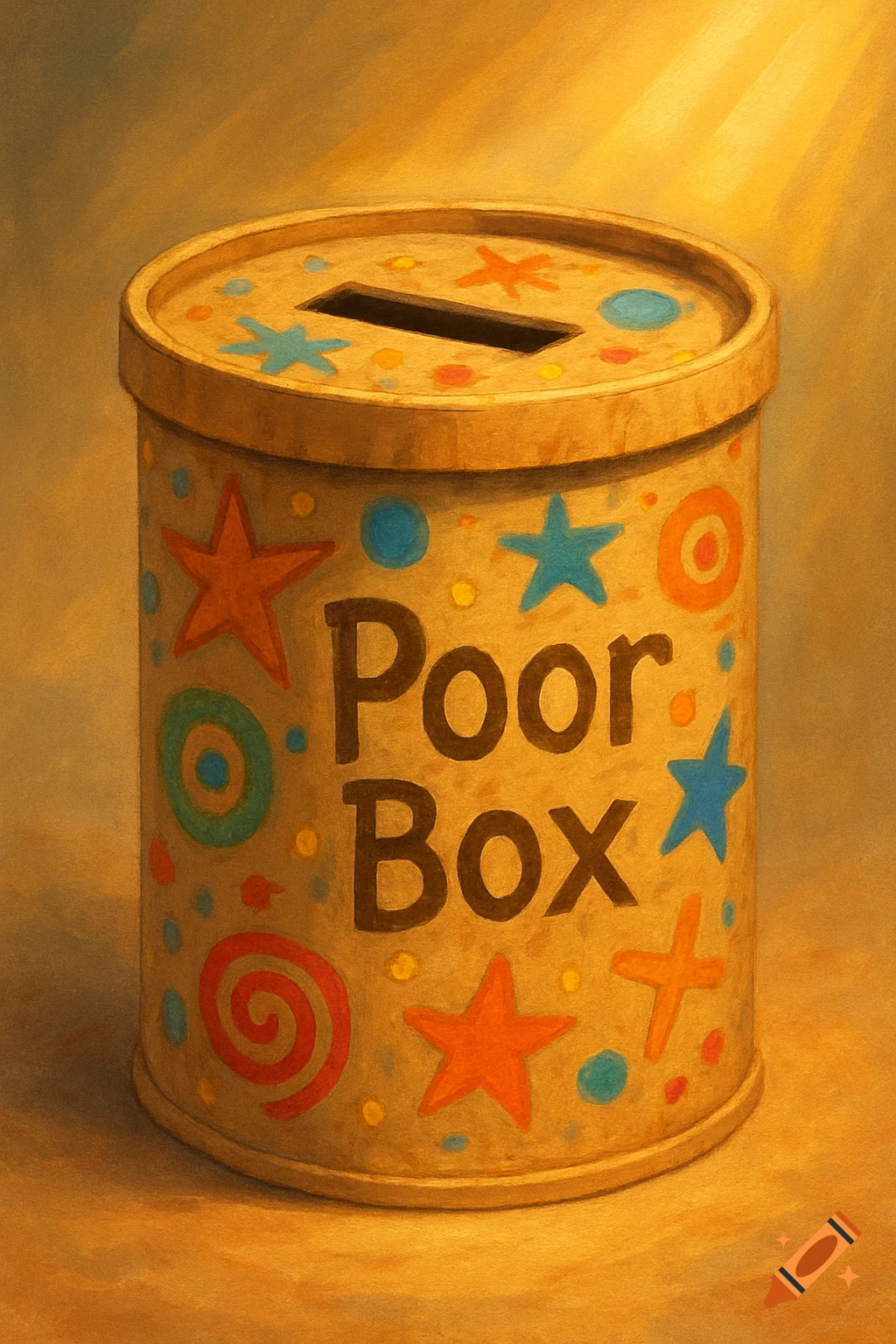 A painterly illustration of a decorated 'Poor Box' container with stars ...