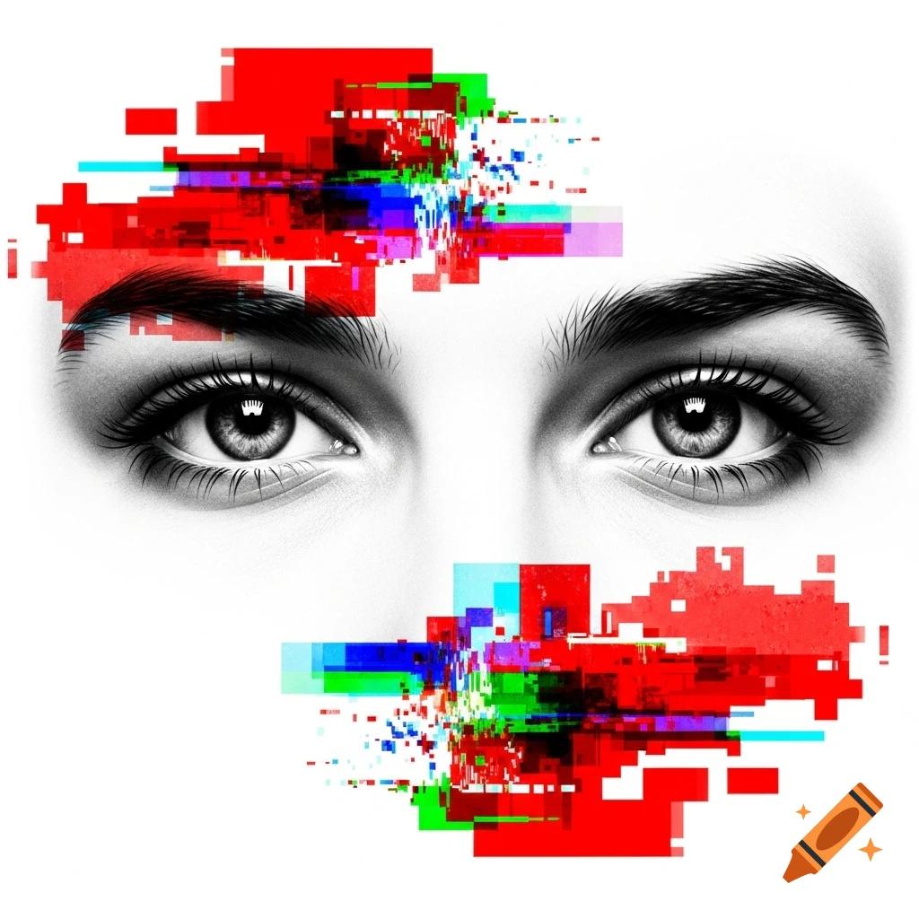 Close-up of black and white eyes with red, blue, and green glitch distortion above and below.