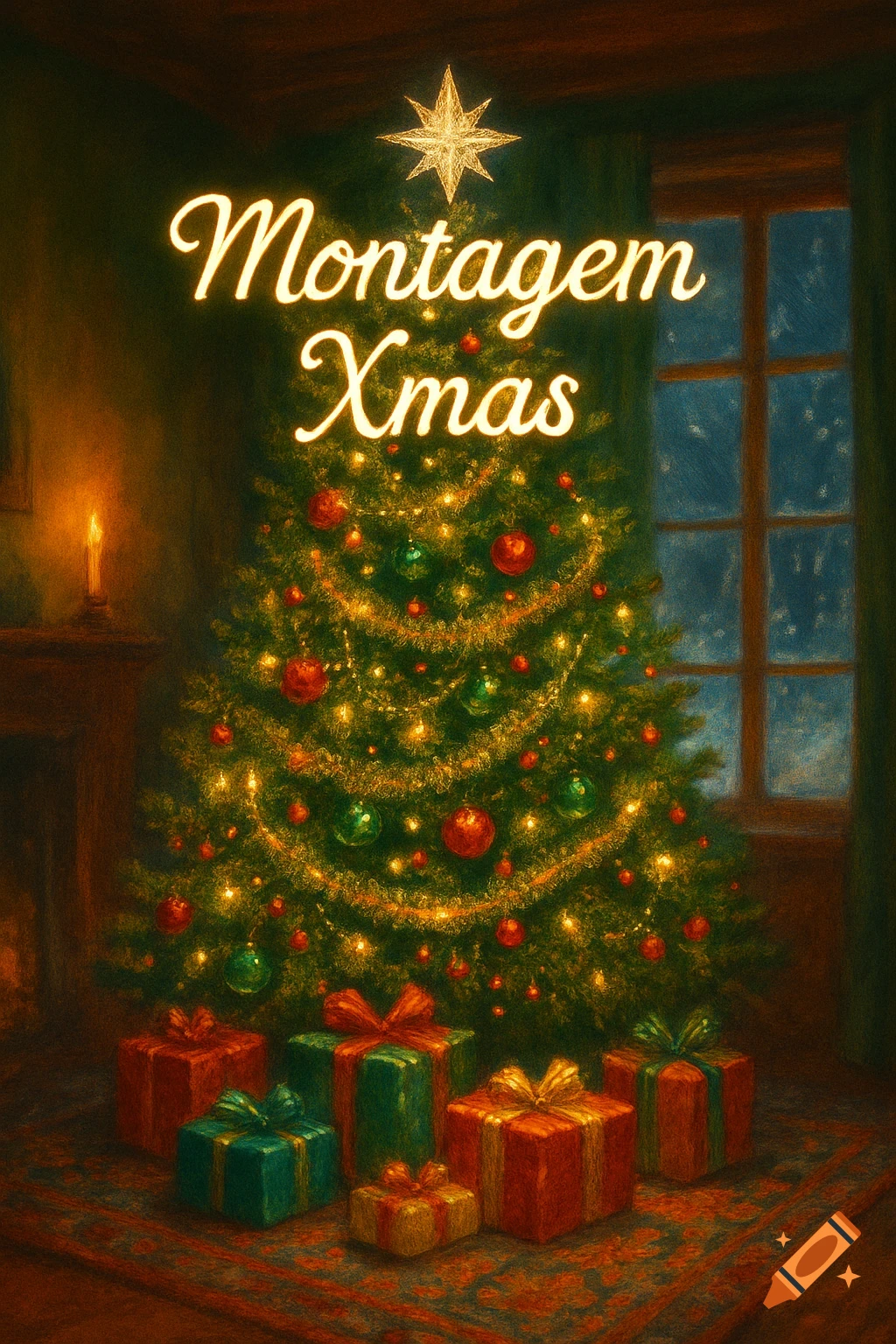 A Christmas tree with glowing lights and ornaments, surrounded by colorful presents, with 'Montagem Xmas' text, in a warm, textured room.