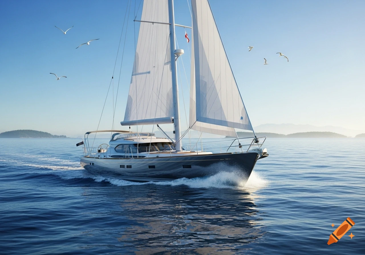 A photorealistic sailboat with white sails cruises on calm blue water, leaving a wake, with distant islands under a clear sky.