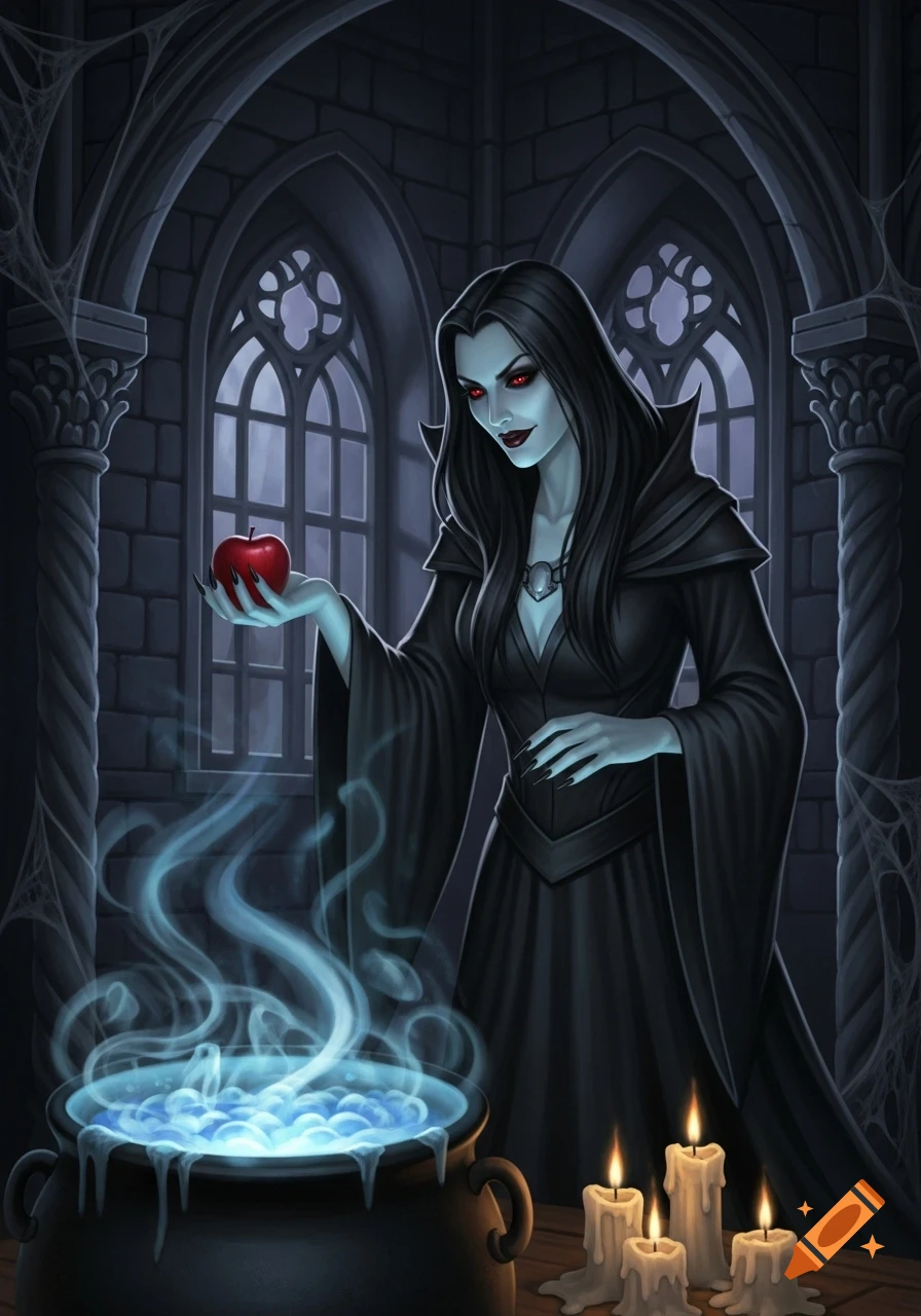 A pale-skinned witch with long black hair and red eyes, wearing a black gown, holds a red apple over a bubbling cauldron in a gothic tower.