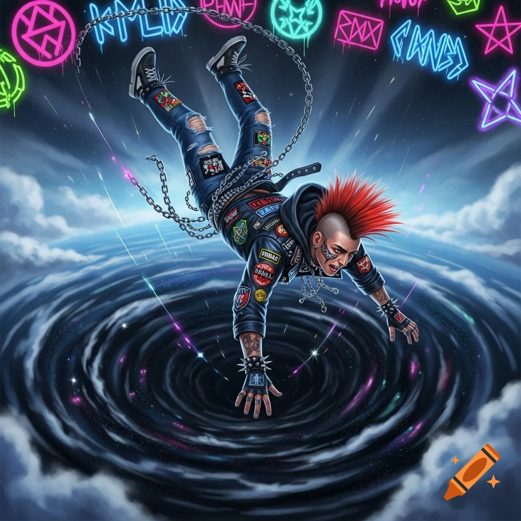 A punk man with a red mohawk falls headfirst into a black cosmic vortex with neon symbols and stars in a digital art style.