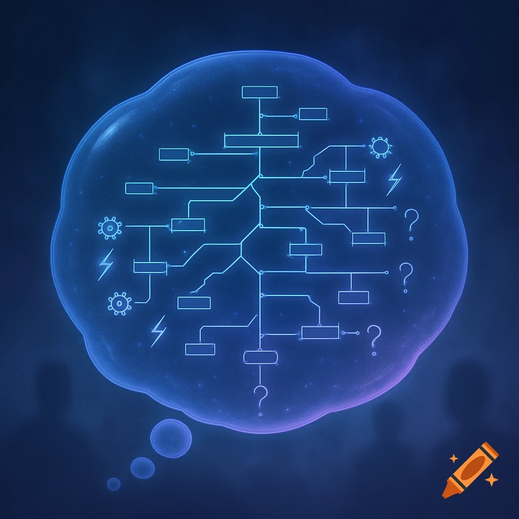 A glowing blue thought bubble containing a complex branching diagram with symbols like gears, lightning bolts, and question marks, set against a dark background.