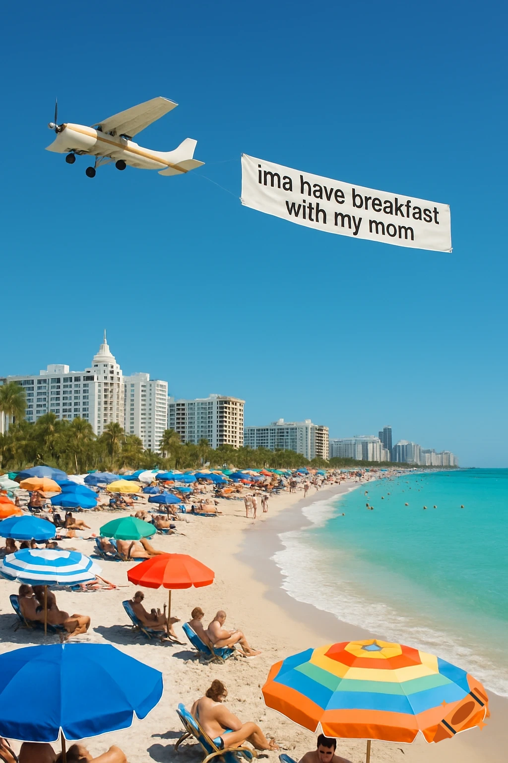 A small plane flies over a sunny, crowded Miami beach, towing a banner that reads 'ima have breakfast with my mom'. Buildings line the turquoise water.