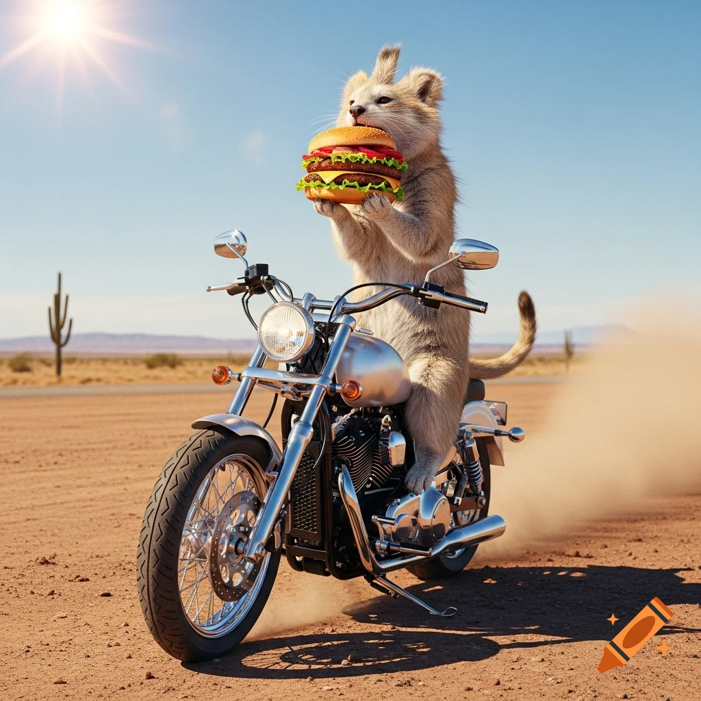 A photorealistic meerkat-like creature eating a large cheeseburger while standing on a motorcycle on a sunny desert road.
