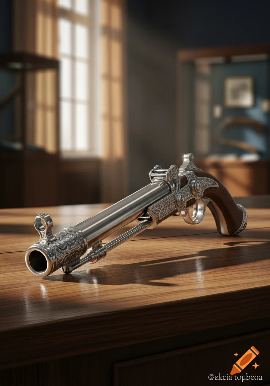 A detailed, ornate silver and wood antique pistol rests on a polished wooden table, bathed in soft afternoon light, in a blurred museum-like setting.