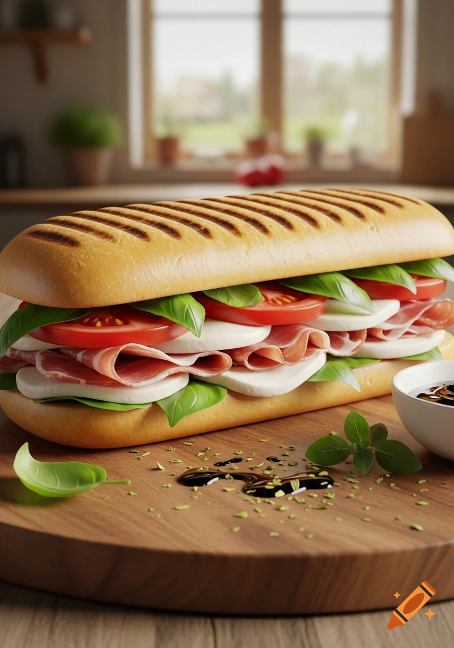 Photorealistic panini with ham, mozzarella, tomato, and basil on a wooden board with balsamic glaze.