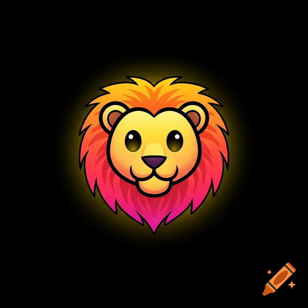 An emoji-style lion head with an orange and pink mane and a yellow glow on a black background.