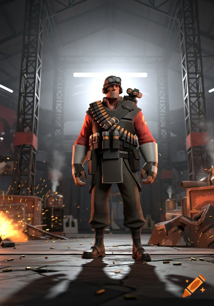 A 3D rendered character in a red military uniform with goggles and ammunition belts stands in a dimly lit industrial warehouse with sparks and spent casings on the ground.