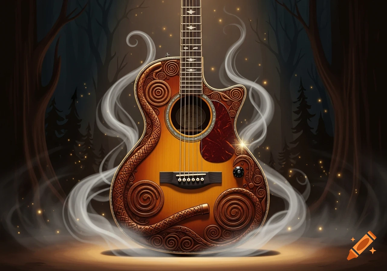 An ornate acoustic guitar with carved patterns glows amidst smoke and golden particles in a dark, mystical forest.