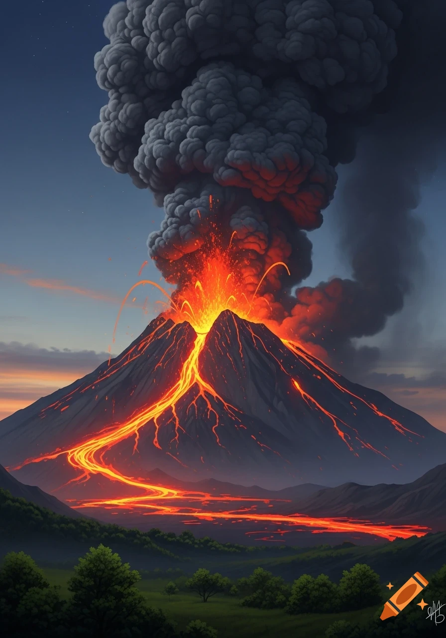 A dramatic volcanic eruption with bright orange lava flowing down the mountain and thick grey smoke billowing into the twilight sky over a green landscape.