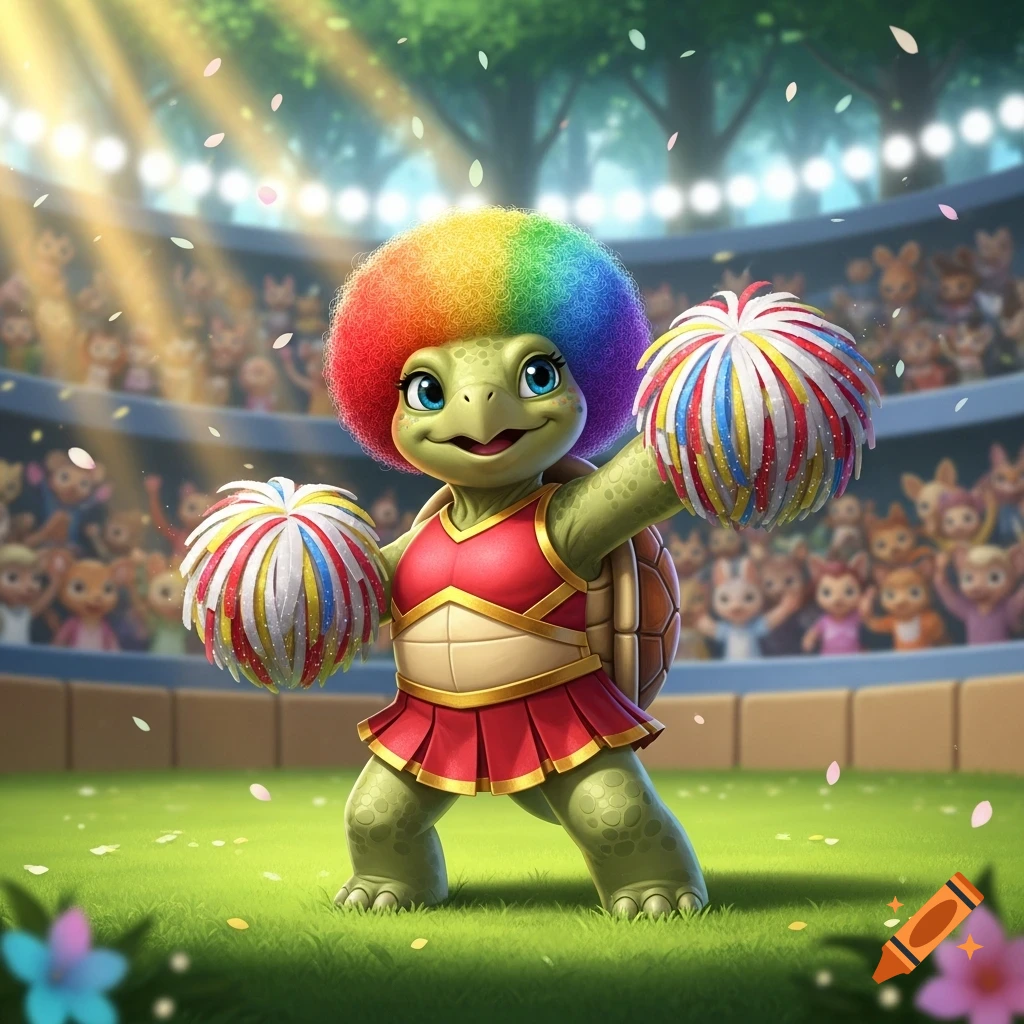 A cute green turtle with a rainbow afro, dressed as a cheerleader, holds pom-poms in a stadium.