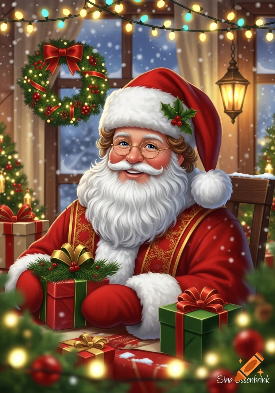 A jovial Santa Claus with a white beard and gold-rimmed glasses, wearing a red suit, holding wrapped Christmas presents in a festive room.