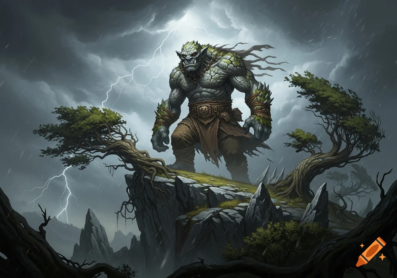 A large, muscular troll with rocky skin stands on a cliff amidst a stormy sky with lightning and rain, in a fantasy illustration.
