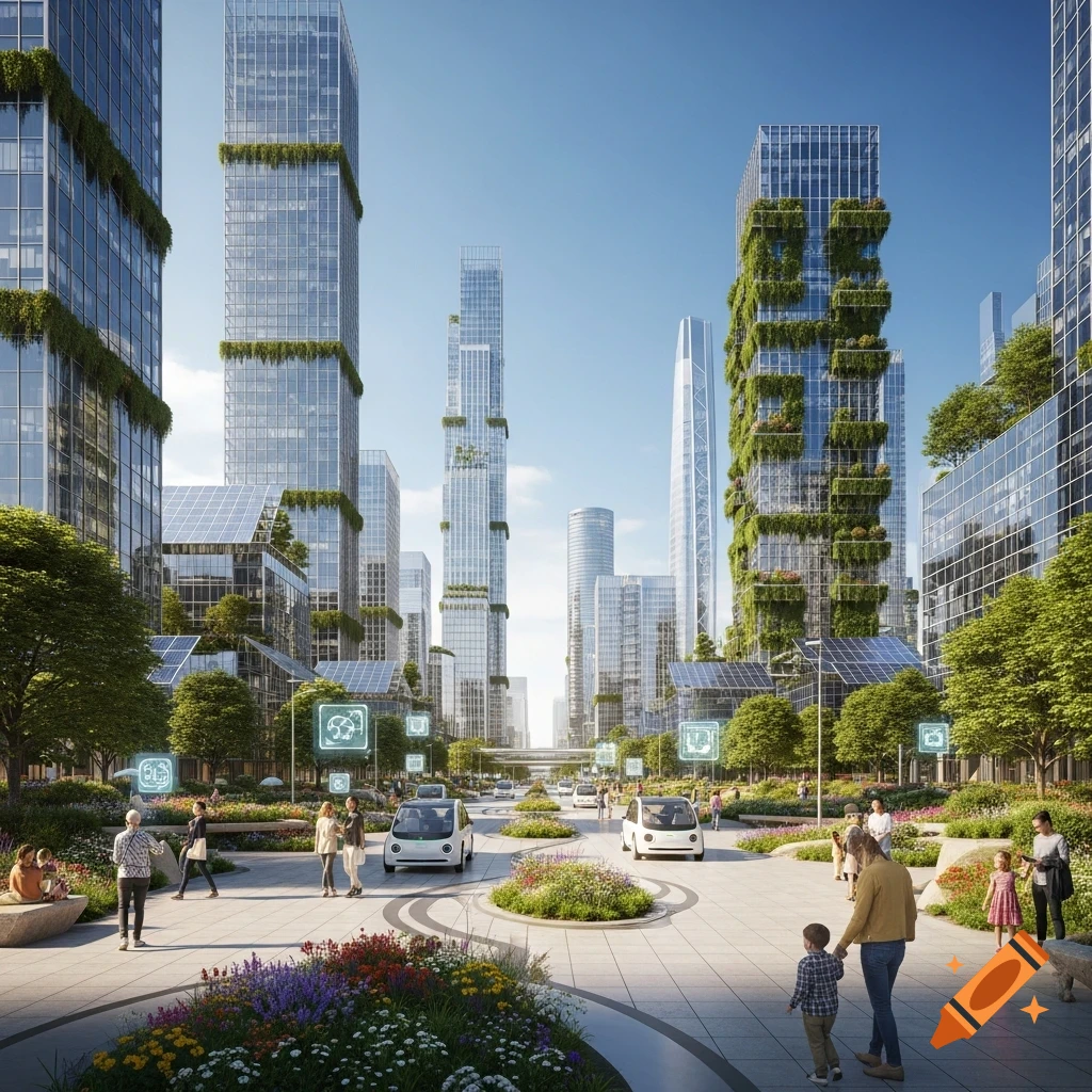 A photorealistic image of a futuristic, green smart city with self-driving cars, lush parks, and people walking along a wide promenade.
