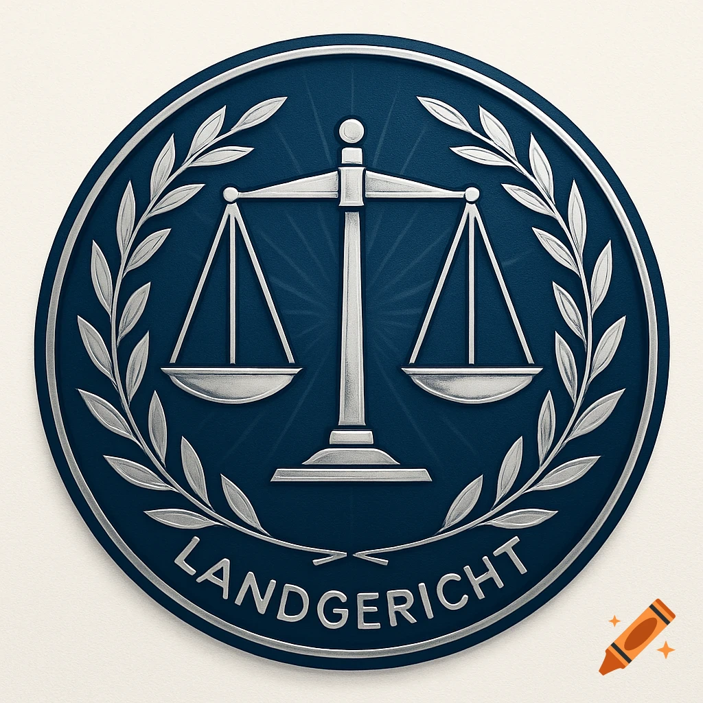 A silver-embossed scales of justice symbol with a wreath and the word "LANDGERICHT" on a dark blue circular background.