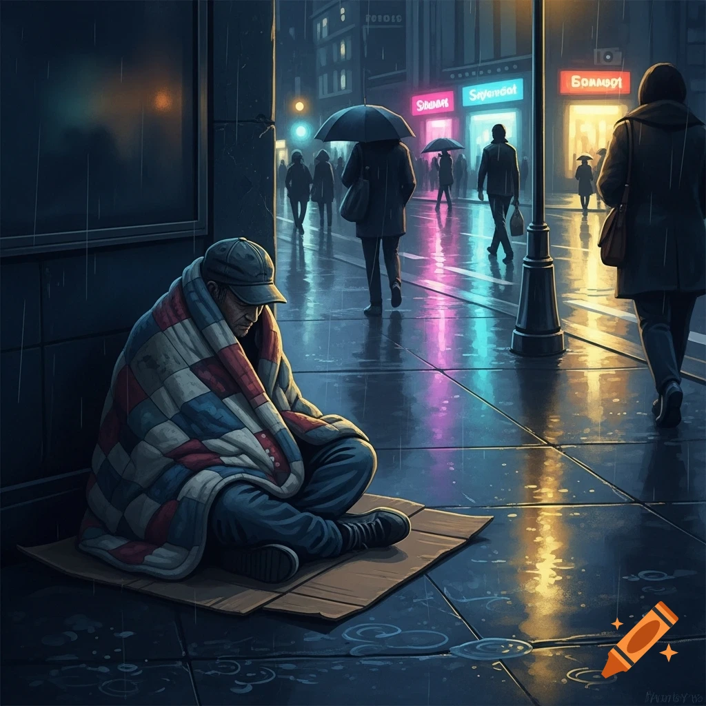 A person wrapped in a checkered quilt sits on cardboard on a rainy city street at night, with neon reflections on the wet pavement.