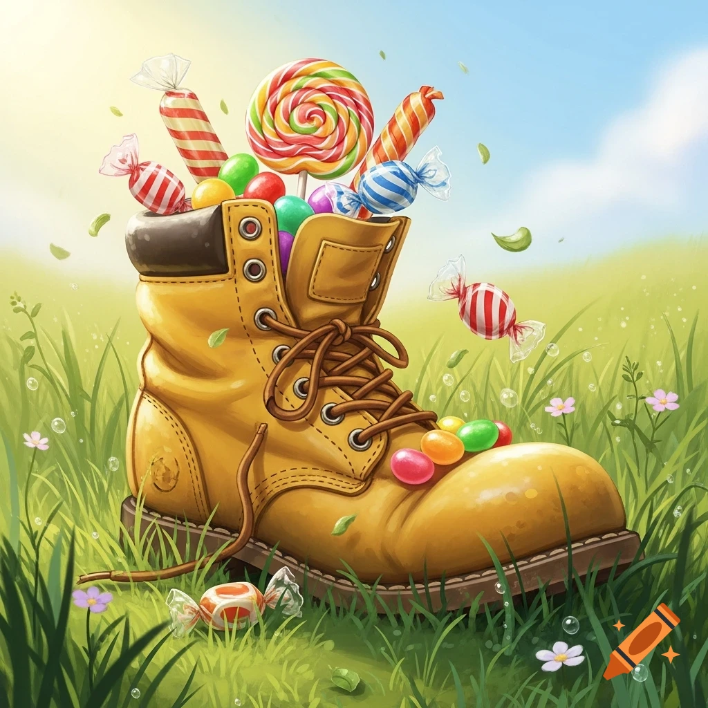 A yellow work boot in a grassy field, filled with lollipops, jelly beans, and wrapped candies under a sunny sky.