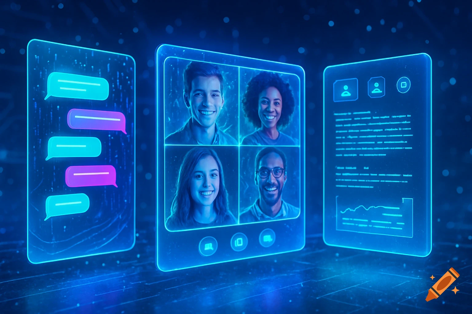 Digital interface showing a video call with four diverse people, chat bubbles, and a data document in a blue, futuristic setting.