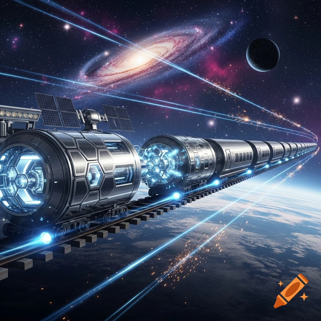 A futuristic silver space train travels on tracks above Earth, illuminated by blue light trails, under a starry sky with a galaxy and a dark planet.